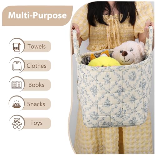 ANKICK Vine-Blue Quilted Boho Car Storage Basket, Laundry Hamper 33x27x26cm