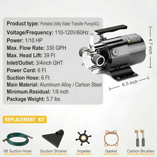 TRUPOW 115V AC Water Transfer Pump 1/10HP 330GPH with 6ft Hose Portable