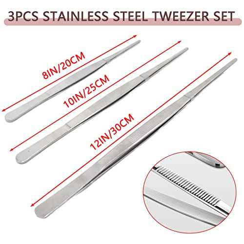 3pcs 8 10 12 Inch Stainless Steel Tweezers Tongs Kit, Extra Long Straight Tweezer, Serrated Tip Multi-Purpose Tweezers for Cooking, Crafts, Repairing, Medical, Water Plants, DIY