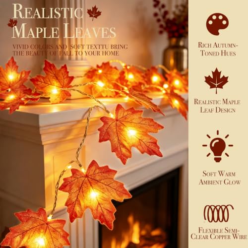TURNMEON 3 Pack 30FT Maple Fall Garland with Lights & Timer - Halloween & Thanksgiving Decor