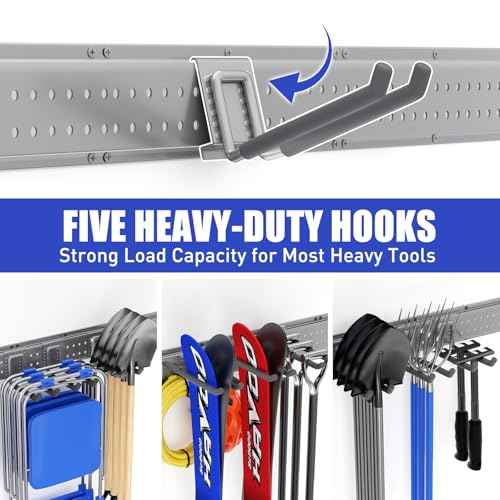 Garage Tool Organizer Wall Mount 48 inches with 10 Adjustable Heavy-Duty Hooks, Garage Organization, Garden Tool Storage Rack, Yard, and Shed, Holds Up to 400 lbs (Grey)