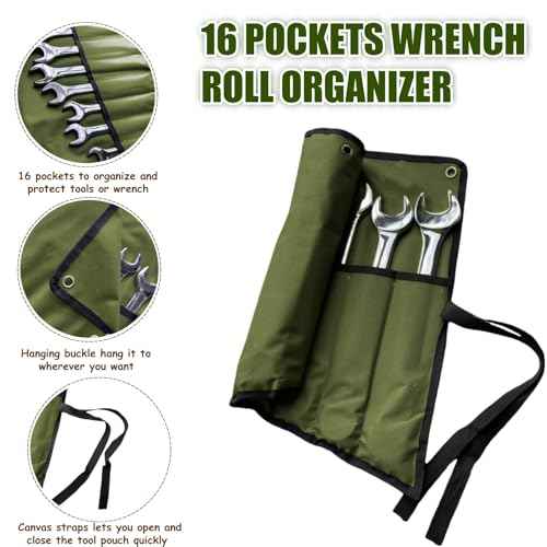 16 Pockets Wrench Roll Up Organizer, Wrench Bag and Tool Organizer Bag, Wrench Roll Up Pouch with Water Proof Oxford Cloth, Roll Up Tool Bag for Wrench Organization, Electrician Gifts