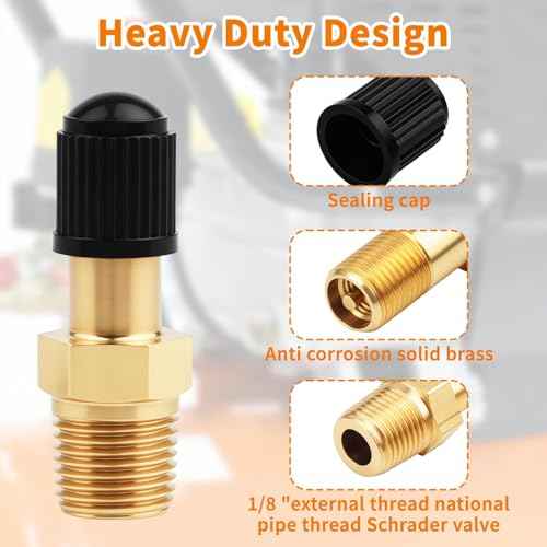 4 Set Gold 1/8 Schrader-Valve, Metal 1/8 Tank Valve, Brass Pipe with Air Compressor Tank with Sealing Caps/Anti-Corrosion Brass-NPT-Schrader-Valveing for Air Chuck, Semi Trucks Trailers