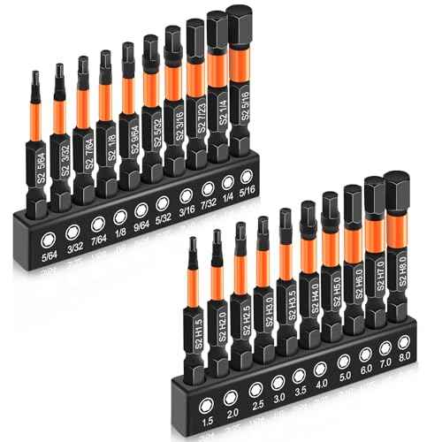 20PCS Premium Hex Bit Set, Impact Allen Wrench Drill Bit Set (Metric&SAE), 1/4¡± Hex-Shank S2 Alloy Steel Key Drill Bit Set with Magnetism, CNC Machined Tips, 2" Long with Storage Box