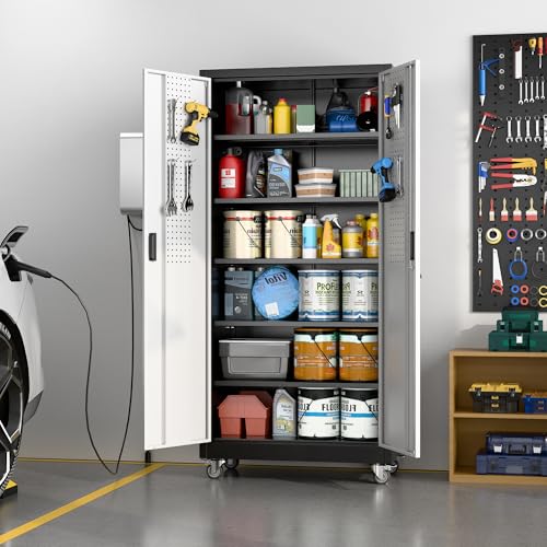 Heavy-Duty 71x32x16 in Metal Garage Storage Cabinet on Wheels with Pegboards, 5 Adjustable Shelves