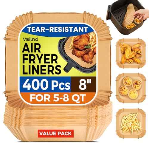 400 Pcs Air Fryer Paper Liners, 8" Square Air Fryer Liners Disposable, Heavy-Duty Parchment Paper for 5-8 qt Airfryer Basket, Non-Stick & Grease-Proof Baking Liner for Oven Pan