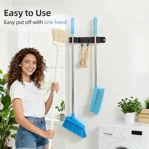 Broom Holder Wall Mount, Stainless Steel Mop and Broom Organizer, Broom Hanger with 2 Slots 2 Hooks for Home Kitchen, Garage, Garden and Laundry Room, Black