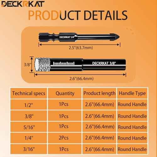 DECKRKAT 7-Piece Dry Diamond Drill Bits & Carbide Tile Drill Bit Set for Tile,Ceramic,Marble,Porcelain,Glass & Granite- 3/16", 1/4" (x2), 5/16", 3/8", 1/2" + 1/4" Masonry Bit