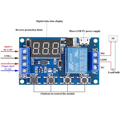 Programmable Timer Relay Module with LED Display - 6-30V DC, Micro USB, Smart Home & Industrial Control