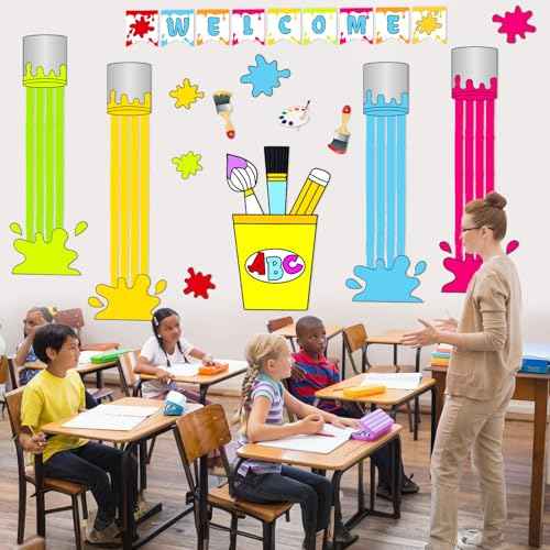 Welcome Back to School Decorations Art Paint Party Backdrop First Day of School Blackboard Wall Stickers for Classroom Kindergarten Photography Background Bulletin Boards