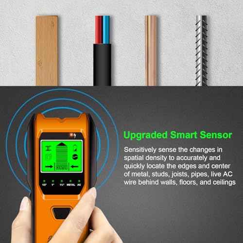 Stud Finder Wall Scanner, 5 in 1 Multifunction Stud Locator with Upgraded Smart Sensor, HD LCD Display and Audio Alarm for The Center & Edge of Metal, Studs, AC Wire, and Pipe Detection (Tangerine)