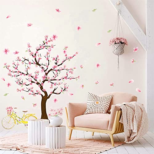 Cherry Tree Wall Sticker Cherry Blossom Tree Wall Decals Large Trees Sticker Peel and Stick Floral Trees Decals Pink Flower Stickers for Girls Room Bedroom Nursery