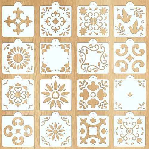 16 Pcs Wall Stencil Set, 8X8 Inch Wall Stencils for Painting with O-Ring Hook, Talavera Stencil for Painting on Furniture, Floor, Walls, Canvas, Resuable Tile Stencils for Home D?cor