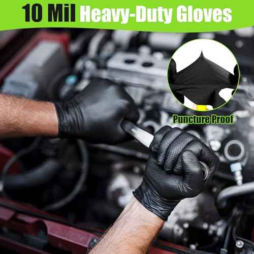 TREEGO 10 Mil Black Nitrile Gloves Large, Heavy Duty Disposable, Raised Diamond Texture, Latex-Free Rubber Gloves for Mechanics, Janitorial, BBQ, DIY