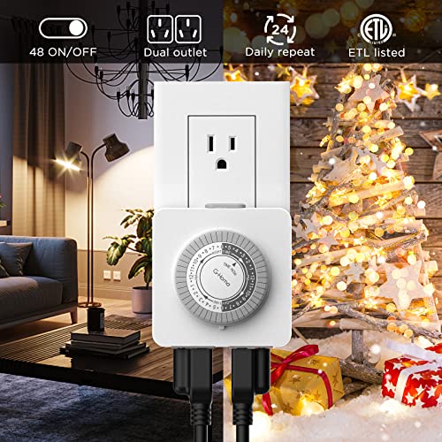 G-Homa 24-Hour Mechanical Timer Outlet - 2 Grounded Outlets, 3-Prong, Holiday Light Timer, Pack of 1