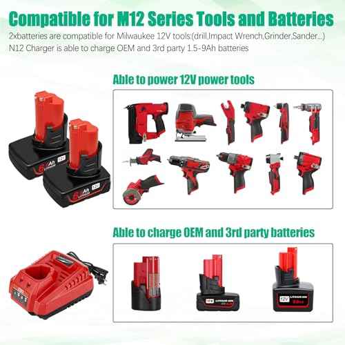 Upgraded 6500mAh Battery and Charger Set Compatible for Milwaukee 12V Power Tools M12 12V Tool Battery with Charger Kit Compatible for 48-11-2411 48-11-2440 48-11-2420 48-11-2401 48-11-2425