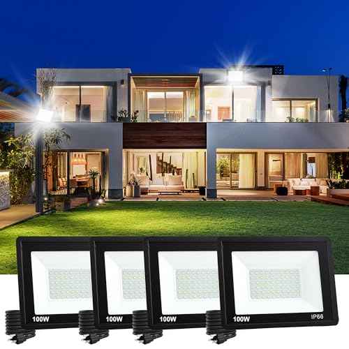 4 Pack 100W LED Flood Lights Outdoor, 10000 LM Super Bright Security Lights, Portable IP66 Waterproof LED Work Light with Plug, 6000K Daylight White Floodlights for Garage Yard Garden Playground