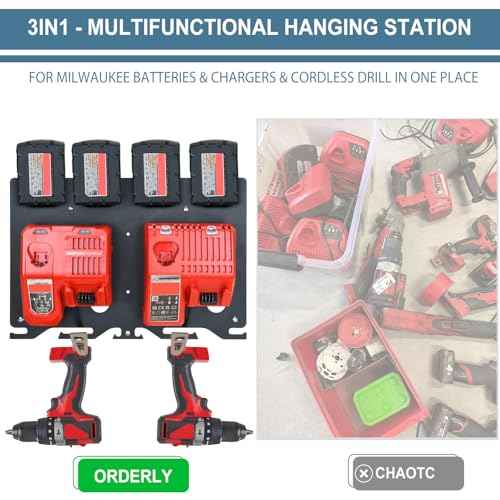 3-in-1 Metal Wall Mount for Milwaukee Chargers Batteries Drills Storage Rack for 4x 18V Battery Packs Bracket Holder for 2x M12-18C Charger/2x M12-18FC Charger/1x M18 DFC, Power Tool Organizer