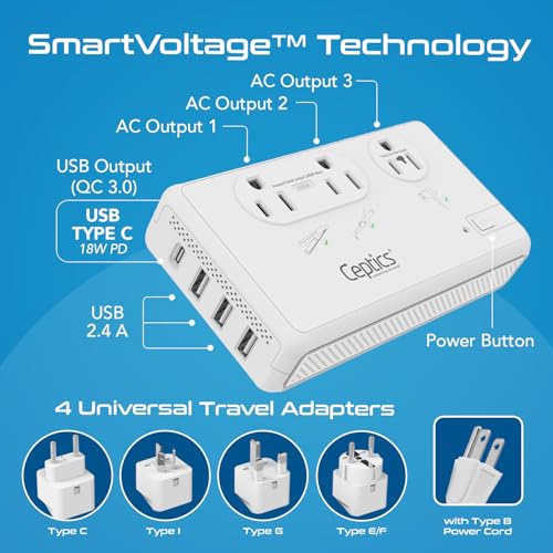 Beige Ceptics 220V to 110V Travel Voltage Converter with USB-C PD 18W, 4 USB Ports, 2000W & 2x 200W Outlets