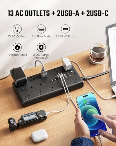 Black 10Ft SUPERDANNY Surge Protector Power Strip with Flat Plug & 17 Outlets