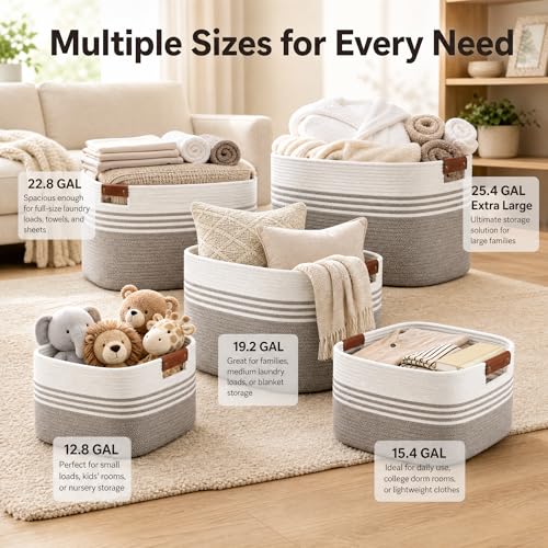 ordnestidy White Brown Cotton Rope Laundry Basket 15.4GAL, Collapsible Rectangular Hamper