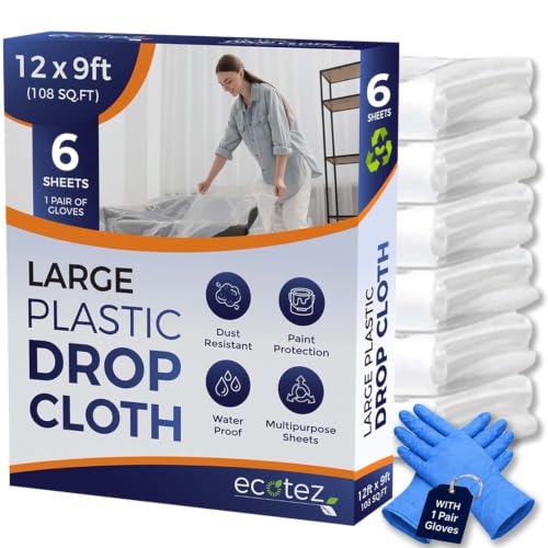Ecotez 6 Pack 12x9 ft Extra Large Plastic Drop Cloth for Painting - Standard Variant