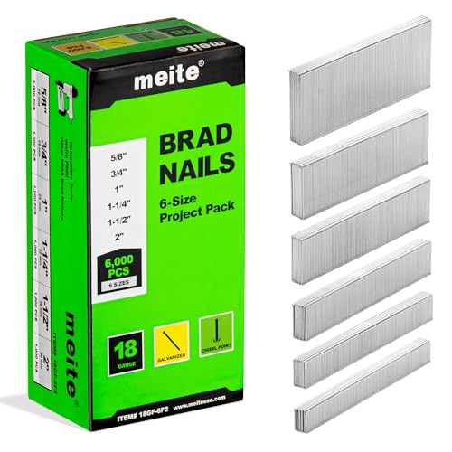Meite 18-Gauge Brad Nails 6-Size Pack (6,000 Pcs) for Nailers and DIY Projects