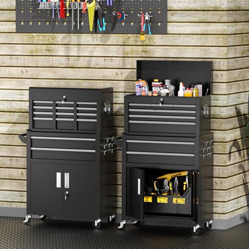 INTERGREAT 8-Drawer Rolling Tool Chest with Wheels, Detachable Top Box, Locking System – Black