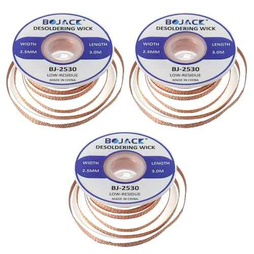 BOJACK Desoldering Braided Wire Pure Copper-Tin 2.5MM ¡¿ 3.0M No-Clean Solder Welding Ribbon Wick Remove Solder Cleaning or Repair Accessories for Disassemble Electronic Components (Pack of 3)