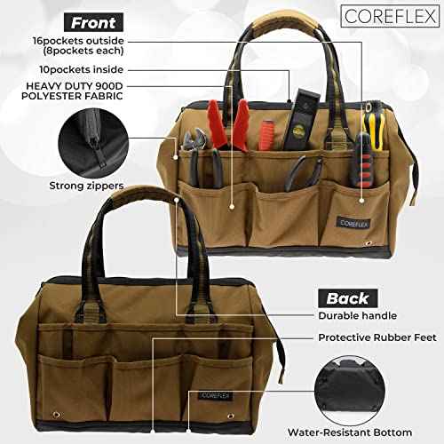 Coreflex 14 inch Wide-Mouth Tool Bag, Gear Bag, Multiple Purpose - for Plumbers, Electricians, Handymen also good for daily use, office use and camping. (Tan)