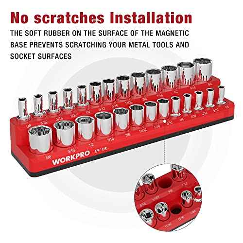 WORKPRO Magnetic Socket Organizer, 1/4-Inch SAE Socket Holder, Trays Hold 26 Standard & Deep Sockets