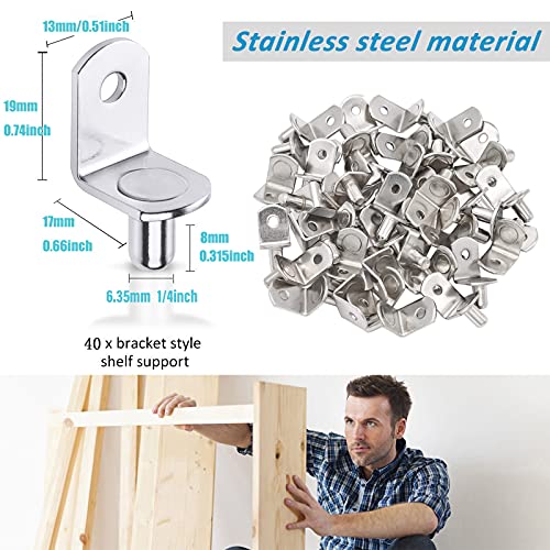 Cerpourt 40 Pcs Nickel Plated 1/4 Inch Shelf Support Pegs, L-Shaped Brackets for Cabinets & Bookcases, Silver