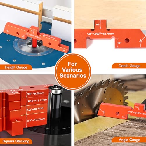 Gainneer 14 Pcs Router Table Setup Bars – Aluminum Height, Depth & Angle Gauges with 8 Angle Blocks