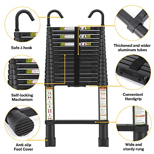 RIKADE 20.3 FT Aluminum Telescoping Ladder with Detachable Hooks, Black, Lightweight Collapsible Extension Ladder for Roof & RV