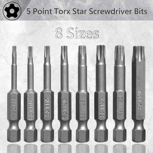 8Pcs 5 Point Torx Star Security Screwdriver Bits Set Magnetic Tamper Proof T8-T40 1/4" Hex Shank