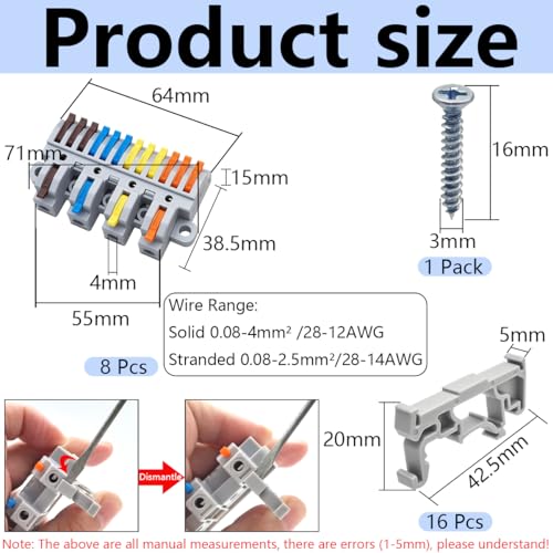 CESFONJER 4-in-12-Out Lever Terminal Block Kit - Set4, DIN Rail & Screw Mountable, 28-12AWG