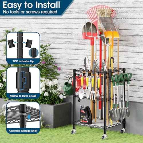 T1 Garden Tool Organizer£¨With Lockable Wheels£©Heavy Duty Garage Tool Storage for Yard£¬Shed£¬Outdoor and Lawn£¬Freestanding Tool Organizers and Storage UP to 50 Tools£¬Black with Anti-Tip Device