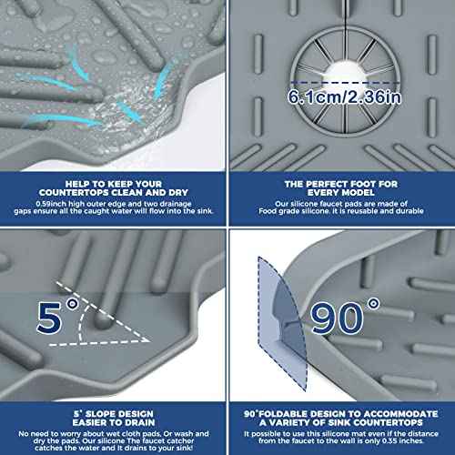 BFONS Silicone Faucet Handle Drip Catcher Drying Tray Mat Dish Soap Sponge Holder Accessories Gadgets for Kitchen Counter Bathroom Kitchen Sink Splash Guard -Grey