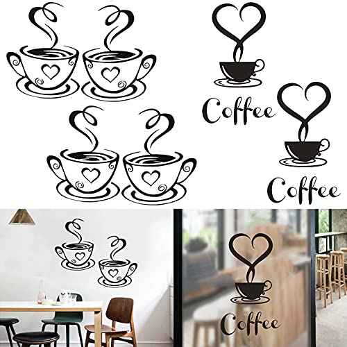 4 Pack Coffee Tea Cup Art Wall Decal Sticker, Coffee Bar Wall Decor Removable Signs DIY Vinyl Mug Decal Wallpaper for Cafe Pub Restaurant Kitchen Home Office Shop Hotel Wall Decoration