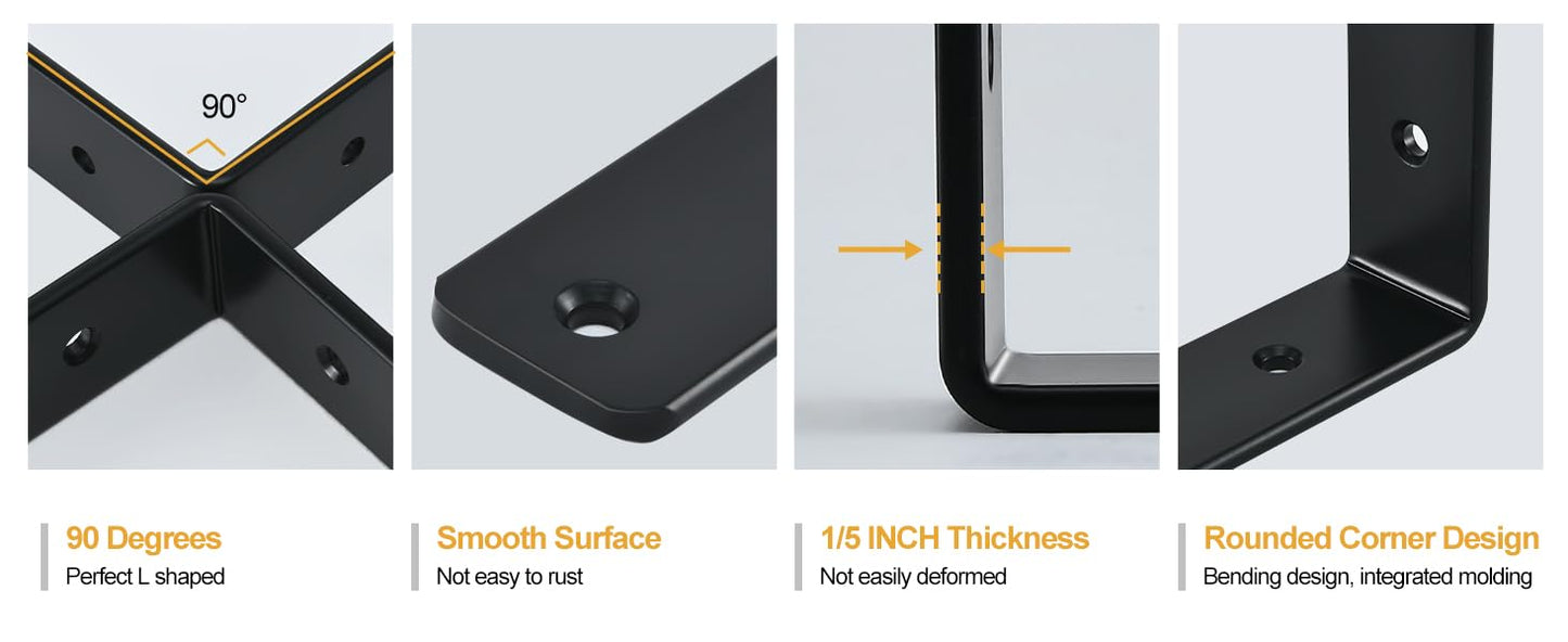 4 Pack - L 6" x H 4" x W1.5, 5mm Thick Black L Shelf Bracket, Iron Shelf Brackets, Metal Shelf Brackets, Floating Shelf, Shelf Supports with Screws