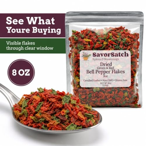 SavorSatch Dried Red & Green Bell Pepper Flakes 8oz Resealable Bag, Kosher, Non-GMO