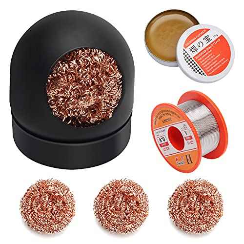 AHIER Solder Tip Cleaner+ Soldering Rosin Flux Paste(0.35 oz / 10 g)+ 60/40 Tin Lead Rosin Core Solder Wire(1.76 oz / 50 g) + 3pcs Replacement Brass Pads, 6 PCS Solder Iron Welding Tool Set