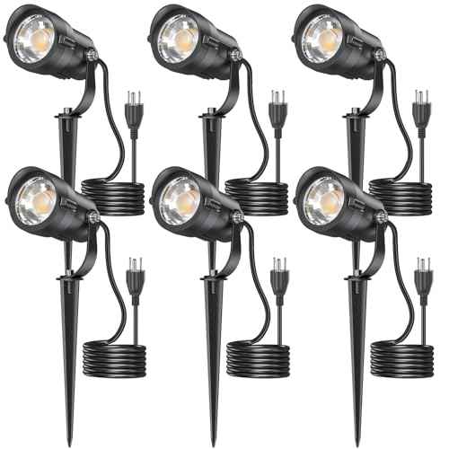 HIBOITEC 12W Spot Lights Outdoor 120V Landscape Lighting Waterproof Spotlight with 4.9ft 3-Plug LED Plug in Landscape Lights for Yard Gardern Decorations 2700K 6Pack