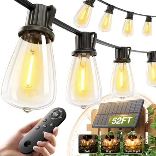 addlon 52FT Solar String Lights Outdoor Waterproof Dimmable 16+1 LEDs with Remote & USB Charging