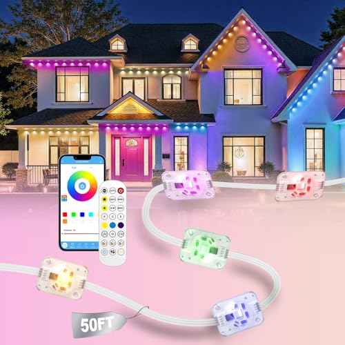 Permanent Outdoor Lights, 50ft RGB+IC Smart LED Lights Outside, IP67 Waterproof Smart Outdoor Decorations with App/Remote Control for Christmas, Halloween, Holiday, Daily, Party