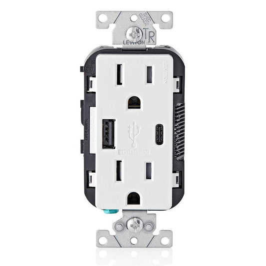 Leviton Type A & Type-C USB In-Wall Charger with 15A Tamper-Resistant Outlet, USB Charger for Smartphones and Tablets, Not for Laptops, T5633-W, White