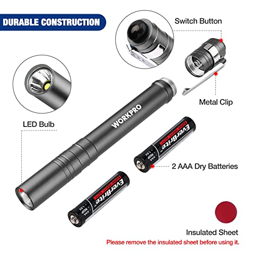 WORKPRO Gray LED Pen Light 4-Pack Aluminum Pocket Flashlights with Clip