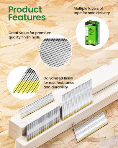 Meite 15 Gauge Angled Finish Nails Set - Galvanized, 4 Sizes, 2000PCS, Compatible with Major Nailers