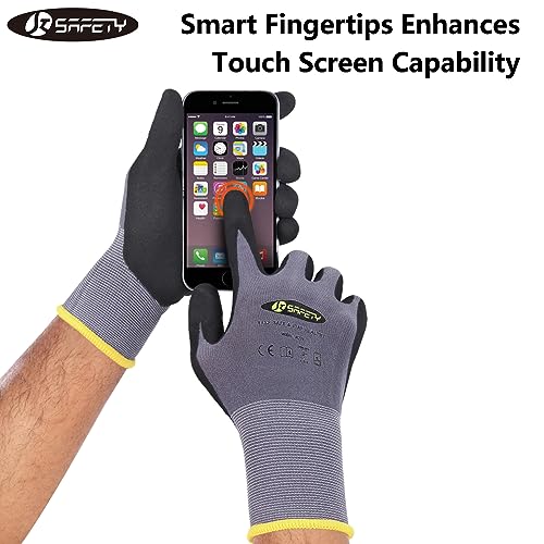 JKSafety Sandy MicroFoam Nitrile Safety Work Gloves with Touch Screen capability 3 Pairs Lightweight Work Utility Gloves EN388 Non-Slip Grips Nylon Spandex material Charcoal Gray (G229-CGrey3 L)
