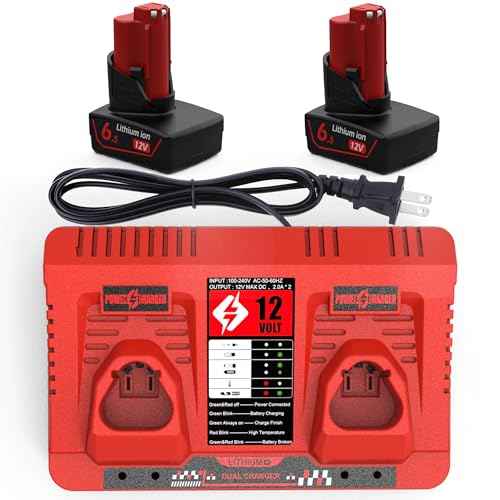 Powilling 12V 6500mAh Replacement for Milwaukee M12 Battery and Charger Kit for Milwaukee M 12 12Volt 48-11-2440 48-11-2411 48-11-2410 with 2-Port Dual 12V Charger